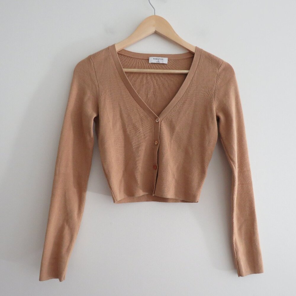 ARITZIA BABATON Georgia Cropped Wool Blend Cardigan in Camel Tan - Size XS - Picture 2 of 15